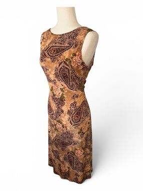 Vintage Jananas Sleeveless Midi Dress in Tan with Rose and Olive Paisley